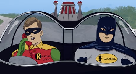 Le Batman du elearning et le Robin de la relation client sont dans une voiture